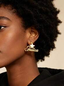 Custom Name Star Earrings With Star, Personalized Name Earrings, 18K Gold Plated Stainless Steel Hypoallergenic Earrings Piercing Jewelry - Multicolor - View 2