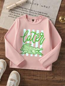 3 Packs Cute Later Crocodile Graphic Long Sleeve T-Shirt, Cartoon Alligator Striped Print Crew Neck Casual Fall Tees - Multicolor - View 4