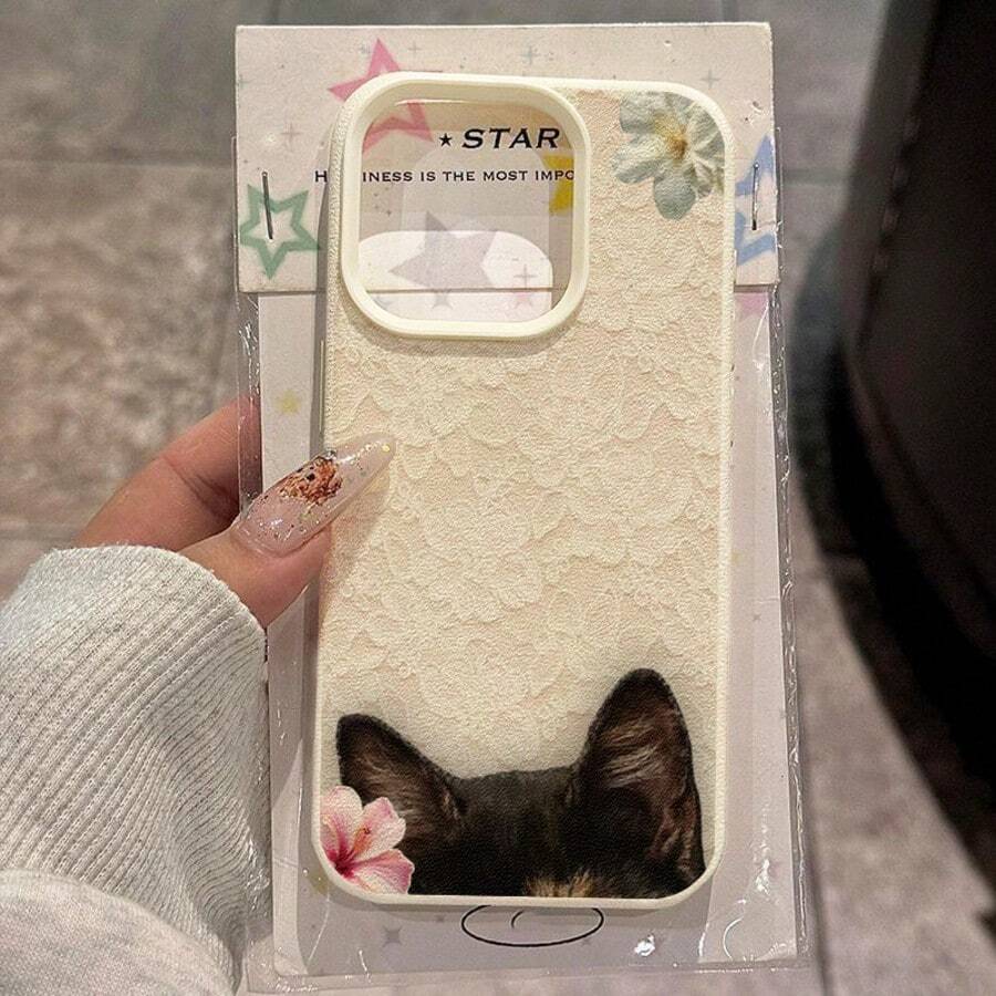 1pc TPU Material Soft Lace Hibiscus Flower Tortoiseshell Cat Pattern Phone Case Suitable For IPhone 17 Pro Max/17/16 Pro Max/15/13/12/11/ S20 FE/A15/S24/A55/ Note 11/Note 12/Note 13 Pro Full Coverage Anti-Drop Soft Shell Phone Protective Cover - White - View 1