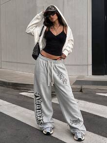 Women's Light Grey Gothic Letter Graphic Wide Leg Sweatpants Pants, Y2K Campus Back To School Fall Outfit Sports - Light Grey - View 7