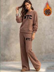 NYC Letter Print Women's Faux Knitted Knit Long Sleeve Top And Pants Set, Casual Two Pieces Outfit, Patterned Top, Mexican Brown Elegant - Brown - View 8