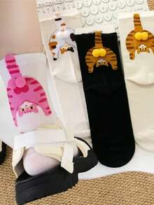 4 Pairs Random Style Women's Cute Mid-Calf Socks, 3D Pom Pom Cat Butt Design, Fun Casual Cartoon Cat Tail Print Mid-Calf Socks - Multicolor - View 4