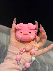 1pc Cute Pink Silicone Heart Bowknot Pig Bluetooth Earphone Protective Case With Lanyard - Pink - View 1