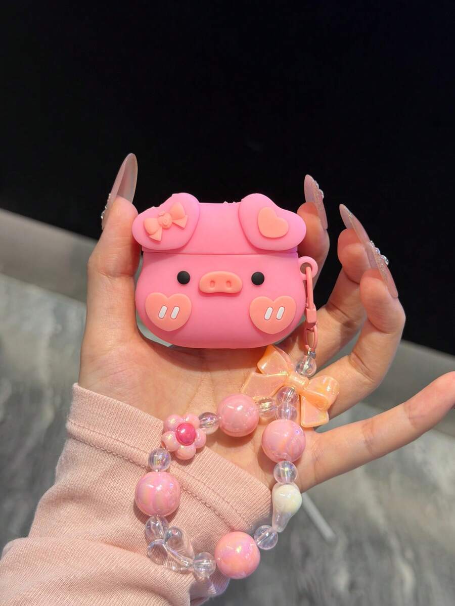 1pc Cute Pink Silicone Heart Bowknot Pig Bluetooth Earphone Protective Case With Lanyard - Pink - View 1