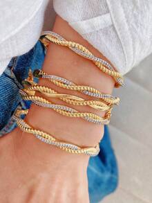 Brazalete con diseño de ola cruzada enchapado en oro de 18K con circonia cúbica incrustada, estilo europeo, casual y elegante - ola - Ver 8