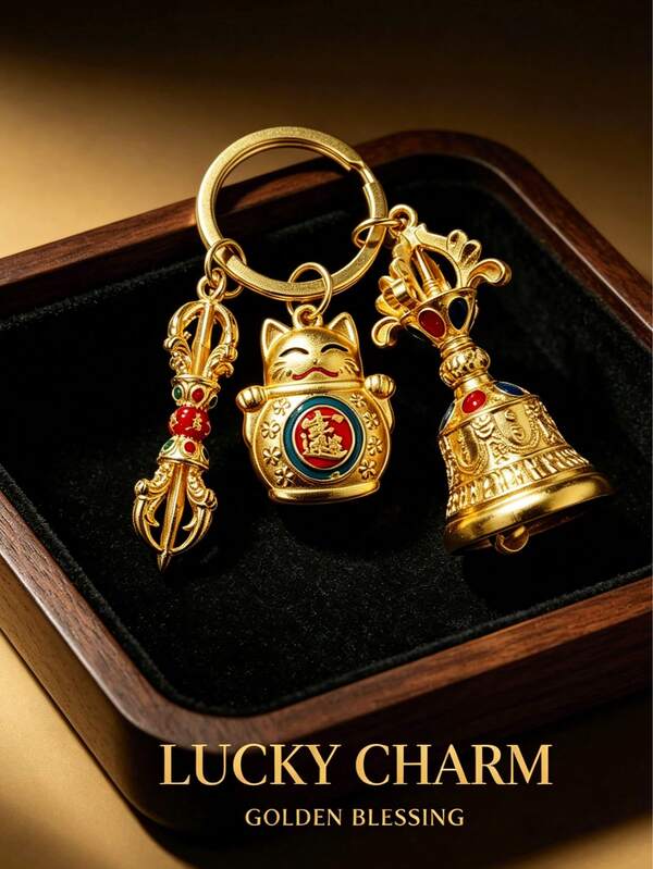 1pc Gold Lucky Cat Keychain With Bell And Metal Pendant, Oriental Feng Shui Wealth Charm, Vintage Style Car Key Ring, Holiday Gift For Men And Women