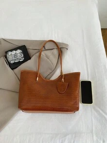 新款女款大容量休閒通勤單肩包，輕量極簡手提包，時尚百搭托特包 - 棕色 - 查看 3