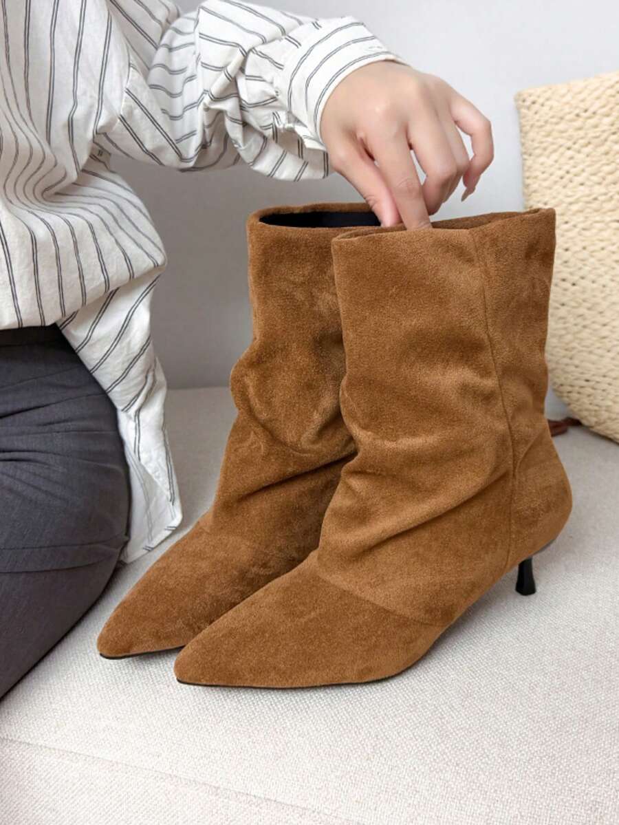 Women's Ruched Mid-Calf Boots, Pointed Toe Thin Kitten Heel Slip-On Ankle Boots, Comfortable For Daily Wear, Dating And Street Style - Khaki - View 1