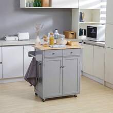 Rolling Kitchen Island On Wheels, Utility Serving Cart With Rubber Wood Top, Towel Rack, Hooks And Storage Drawers, Grey - Multicolor - View 2