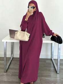 Solid Color Loose One-Piece Hijab Long Robe, Elastic Ribbed Cuffs Wide Sleeve Elegant Jilbab Robe, Muslim Women Daily Prayer Casual Outfit - Multicolor - View 15