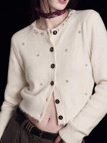 JIANHU White Faux Pearl Decorated Knit Cardigan - Autumn/Winter Cardigan, Adorned With Crystal Buttons And Exquisite Details. Fall - White - View 4