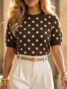 Women's Vintage-Style Brown Polka-Dot Short-Sleeve Knit Pullover; Regular Length, Slightly Stretchy Fabric-Suitable For Autumn Outfits. - Brown - View 4