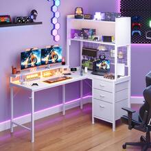 Devoko L-Shaped Gaming Desk With LED Lighting, Computer Desk With Hutch, 3 Fabric Drawers, Monitor Stand, Hooks And Metal Frame, Black/White - 查看 1