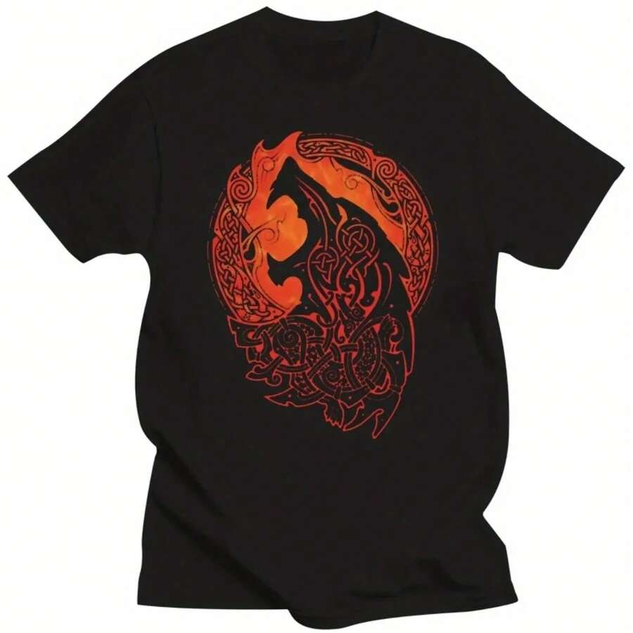 Men's Cotton T-Shirt, Casual Streetwear With Fenrir Wolf Print, Intricate Orange And Black Design, Short-Sleeved Men's Clothing. - Black - View 1