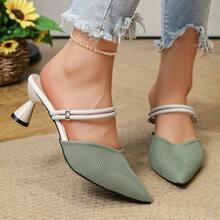 垂直條紋針織尖頭穆勒涼鞋，可拆卸亮面後帶，水鑽裝飾，雙穿設計，紅酒杯鞋跟，女款通勤派對約會正裝鞋 - 薄荷綠 - 查看 5