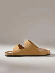 時尚休閒刺繡棕色麂皮雙帶穆勒涼鞋，中性可調節雙金屬扣防滑舒適軟木底套腳室內拖鞋，適合居家、約會、購物、通勤、派對、海灘、度假 - 鏽棕色 - 查看 6