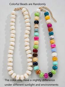 2/1pc Casual Fashion Chunky Acrylic Dopamine Colorful Beaded Necklace Set, Geometric Pattern Round Collarbone Multi-Layer Necklace Set, Women's Daily Wear, Dating, Bohemian Style, Party, Summer Beach Vacation, Perfect Birthday, Best Friend, Halloween, Christmas Gift (Slight Color Difference Under Different Lighting) - Multi-color + White - View 8