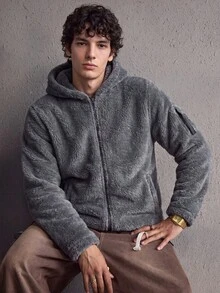 MAISONFOX Men's Solid Color Minimalist Reversible Fleece Hooded Casual Zip-Up Jacket, Autumn/Winter Double-Sided Lamb Fleece Lining Warm Coat - 深灰色 - 查看 10