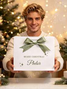 Personalized Custom Name Christmas Gift Paper Bag With Satin Bow Merry Christmas Star Print White Portable Handbag Holiday Party Gift Packaging Present Storage Bag Custom Gift Bags - Multi-color 6 - View 4