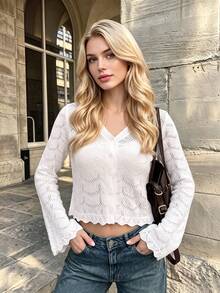 Women Summer Fall White Vintage Hollow Knit Cardigan, V Neck Button Flare Sleeve Crop Jacket, Y2K Sun Protection Tops For Daily Formal Fall Clothes - White - View 7
