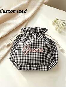 Tas Kosmetik Serut Motif Kotak-kotak Bordir Nama yang Dapat Disesuaikan, Tas Kosmetik Gaya Manis dengan Hiasan Ruffle, Cocok untuk Ulang Tahun Sahabat atau Souvenir Pernikahan, Tersedia Berbagai Warna (Termasuk Palet Warna Macaron), Tas Hadiah Kecil yang Lucu dan Elegan - MultiWarna - View 5