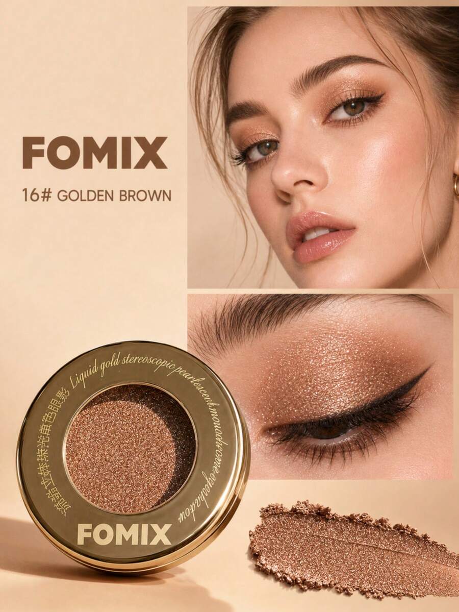 FOMIX 高顯色亮澤單色眼影,珍珠閃粉搭配奢華金色圓形粉餅盒,透明蓋,持久閃耀眼妝,適合日常、派對與節日使用 - 金棕色 - 金棕色 - 查看 1
