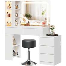 Devoko Vanity Table With LED Mirror, Dressing Table With 5 Drawers, 3 Illuminated Display Cabinets, Open Shelves, Bag Storage, Power Panel, And Selectable Chair Combination, White - 查看 4