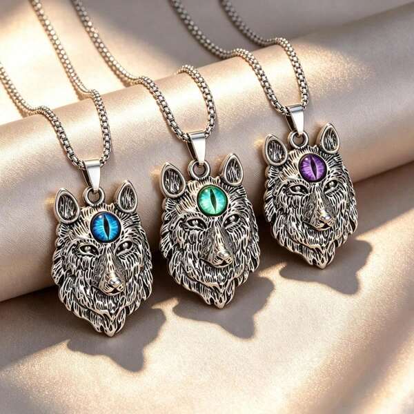 Vintage Wolf Head Evil Eye Necklace Zinc Alloy Charm Stainless Steel Box Chain Antique Silvery Jewelry For Men Women Street Style Gift