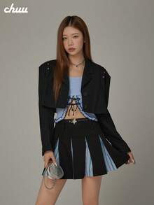 CHUU Letter Embroidered Long Sleeve T-Shirt Women Autumn Ruffle Trim Patchwork Cropped Tie Waist Top - Blue - View 6
