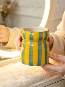 Soporte de brochas de maquillaje de cerámica lindo, organizador de brochas de cosméticos con rayas de colores para tocador, taza de almacenamiento de belleza estética, contenedor de herramientas de maquillaje estilo coreano, decoración moderna del hogar para dormitorio, baño y tocador - Multicolor - Ver 15