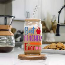 印有彩色「Best Teacher」字母的玻璃蘇打杯，附竹製蓋子與塑膠吸管，送給老師的可愛禮物 - 彩色 - 查看 2