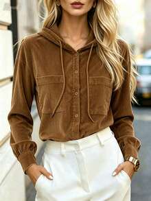 Women's Hooded Corduroy Solid Color Front Button Daily Shirt, Autumn/Winter - Brown - View 5