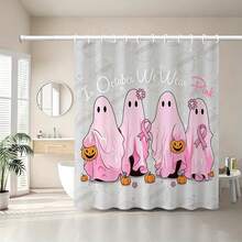 1pc Light Pink Ghost Halloween Shower Curtain - Suitable For Bathroom Decor, Bathroom Curtain - Easy To Clean, Exquisite Home Decor, Bathroom Partition Curtain, Decorative Shower Curtain, Bathroom Accessories Home Decor Gift - Includes 12 Hooks - Multicolor - View 10