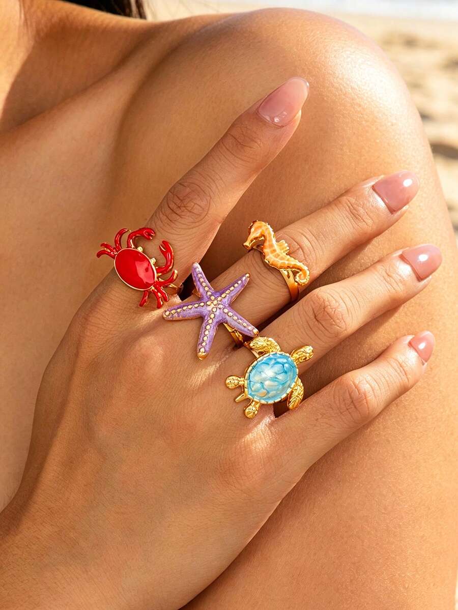 1pc/4pcs Crab Seahorse Starfish Turtle Shaped Bohemian Vacation Style Red Purple Blue Orange Drip Oil 3D Textured Gold Metal Marine Creature Rings For Daily Wear, Party, Music Festival, Street Style, Beach, Seaside, Bikini, Elegant And Exquisite Women's Rings - Marine Life - View 1