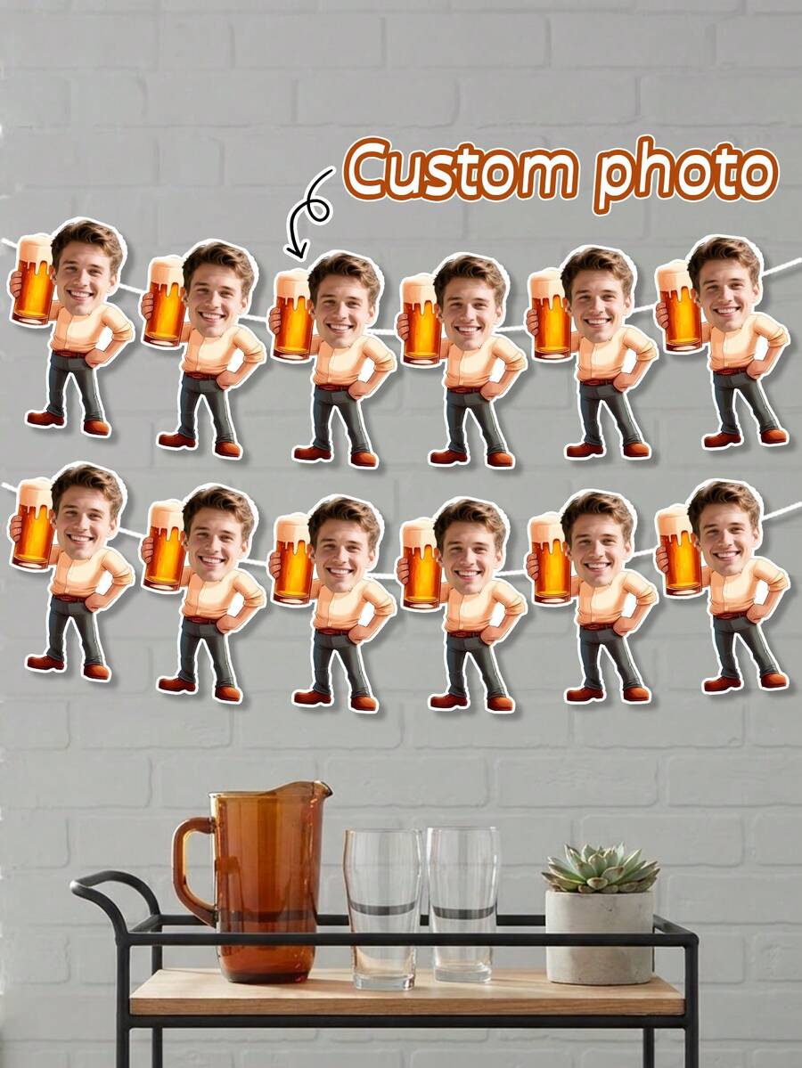8/16/24pcs Customized Photo Beer Banner Bunting, Personalized Face Beer Mug Small Flags, Beer Theme Bachelor Party Banner, Adult Birthday Party Decoration, Backyard BBQ Photography Backdrop, Summer Beach Party Supplies, Personalized Gift - Multicolor - View 1