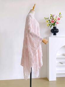 1pc Elegant Floral Embroidered Split Shawl Kimono/Sarong For Women, Spring/Summer Bohemian Style Outerwear, Beach Vacation Sun Protection Cover-Up, Decorative Embroidered Cardigan, Suitable For Daily Wear, Perfect Gift Choice - Pink - View 3