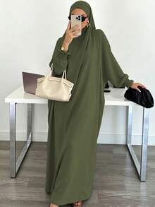 Solid Color Loose One-Piece Hijab Long Robe, Elastic Ribbed Cuffs Wide Sleeve Elegant Jilbab Robe, Muslim Women Daily Prayer Casual Outfit - Multicolor - View 18