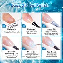 Beetles 5 Colors Blue Gel Nail Polish Set, 5 Azure Jelly Gel Polish With Blooming Gel, Water Ripple Effect, Double-Ended Dotting Pen, Soak Off UV LED - 5 Colors Blue Gel Nail Polish Set - 查看 7