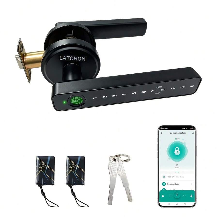 LATCHON Keyless Entry Door Lock With Smart Fingerprint Handle, Compatible With Biometric, App, Passcode, IC Card, And Mechanical Key Options, Ideal For Homes, Offices, Apartments, And Bedrooms - 黑色 - 查看 1