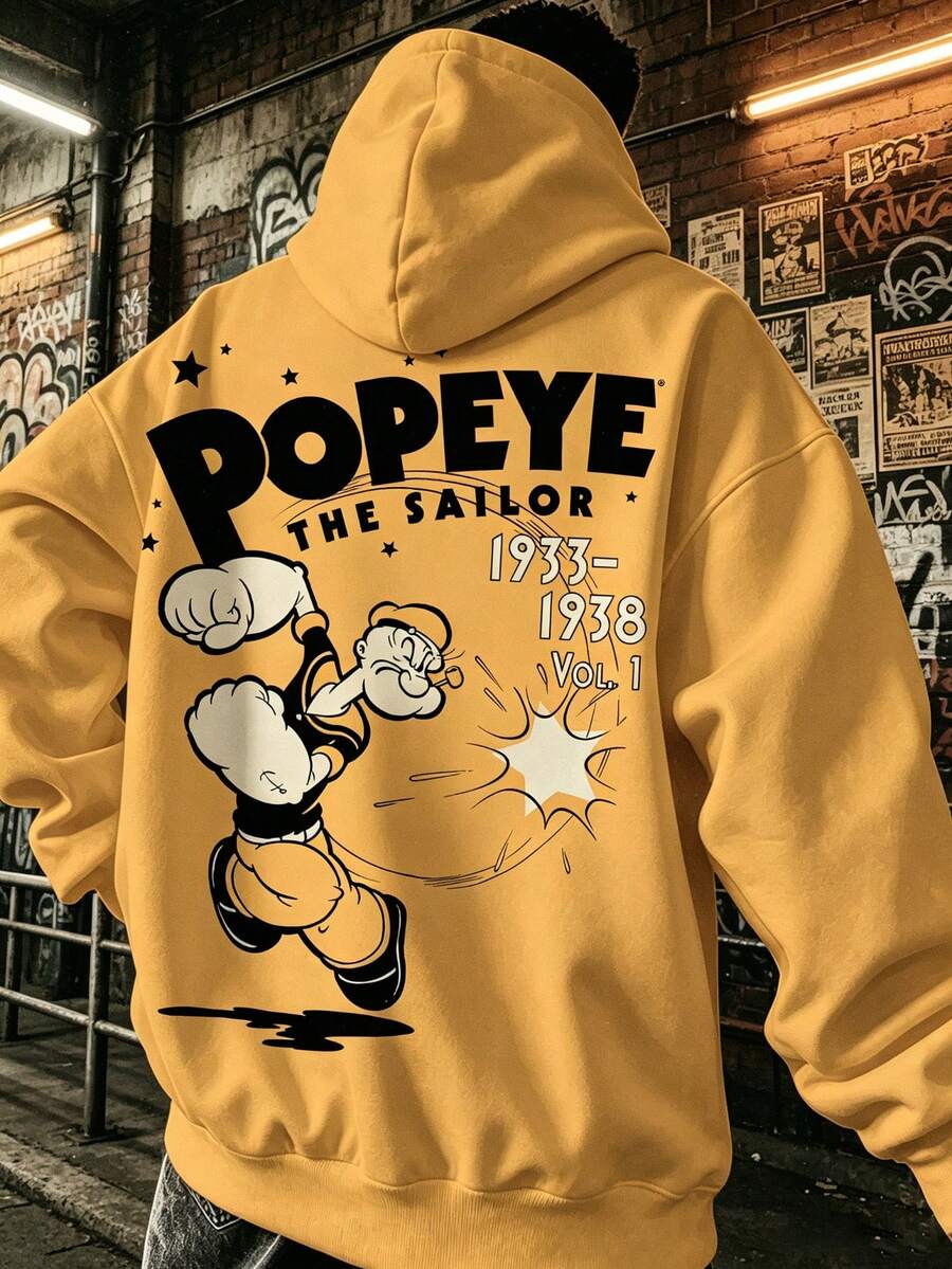 Plus Size Men's Vintage Cartoon Print Loose Fit Casual Hoodie Sweatshirt - Ginger - View 1