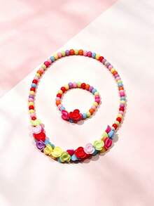 2pcs/Set Girls Cute Charming Bracelet & Necklace Set, Floral & Bead Design, Suitable For Holiday Party Birthday Gift, Random Color - one-size - View 2