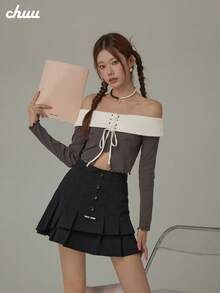 CHUU Colorblock Tie Long Sleeve T-Shirt Women Autumn Letter Split Off Shoulder Ruffle Hem Top - Grey - View 5