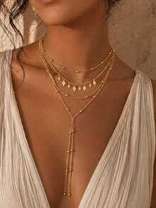 1 Set Exquisite Luxury Gold Rhombus Metal Plate Beaded Tassel Necklace, Suitable For Women's Daily Commute, Party, Evening Banquet, Holiday Gift - Gold - View 3