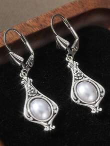 Faux Pearl Earrings, Bohemian Style Jewelry, Art Nouveau Dangle Earrings - Silver - View 6