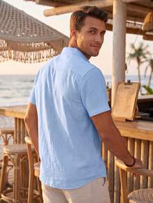 Hawaiian Style Linen Loose Casual Men's Henley Collar Lapel Pocket Solid Color Short Sleeve Shirt Cardigan - Baby Blue - View 5