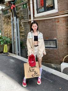 New Women's Spring/Autumn Patchwork Corduroy Long Sleeve Shirt, Designer Niche Unique Blouse Cardigan Jacket - Apricot - View 14