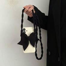 1PC Black Fabric Bow Back Clip Phone Case With Crossbody Strap Lanyard, Korean Style Minimalist Versatile Hands-Free Phone Holder - Multicolor - View 2