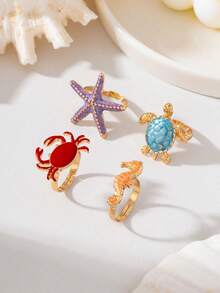 1pc/4pcs Crab Seahorse Starfish Turtle Shaped Bohemian Vacation Style Red Purple Blue Orange Drip Oil 3D Textured Gold Metal Marine Creature Rings For Daily Wear, Party, Music Festival, Street Style, Beach, Seaside, Bikini, Elegant And Exquisite Women's Rings - Marine Life - View 2