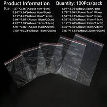 XZV 100 个 1 英寸至 12 英寸塑料自封袋，PE 材质，可重复使用密封袋，200 个多样包装，双层 0.065 毫米厚，透明珠宝袋，文件夹，户外露营多用途工具包，节日礼品包装，衣物收纳袋，真空密封袋，透明自粘袋，适用于运输、旅行、户外露营、储存、包装、礼品、节日 - 100Pcs - 查看 10