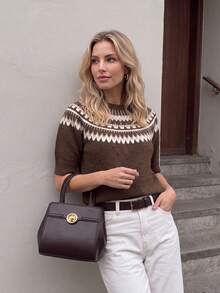 Nicenter Women's Fall Clothes Wool Blend Fair Isle Pattern Knit Crew Neck Half Sleeve Regular Pullover Sweater Women Daily Casual Outfit - Coffee Brown - View 6